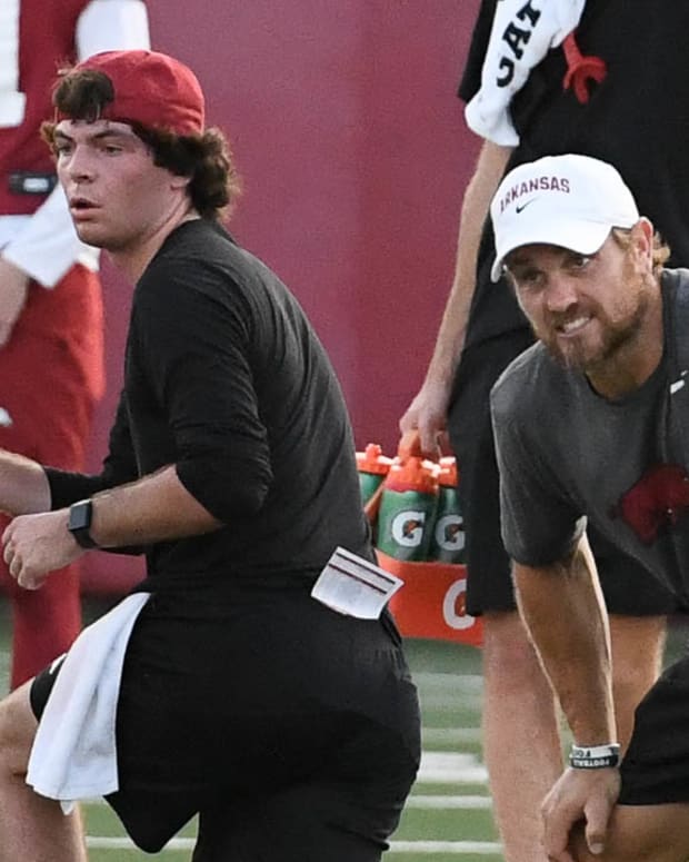 New strength coach Ben Sowders at Razorbacks' practice Friday morning